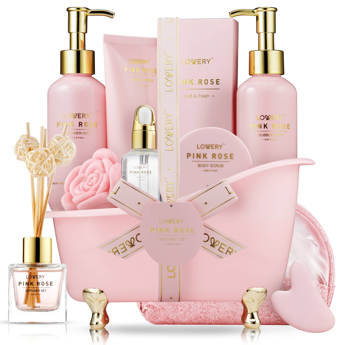 Motherâ€™s Day Gift - Pink Rose Bath Set - Lovery Skincare - 16-pc